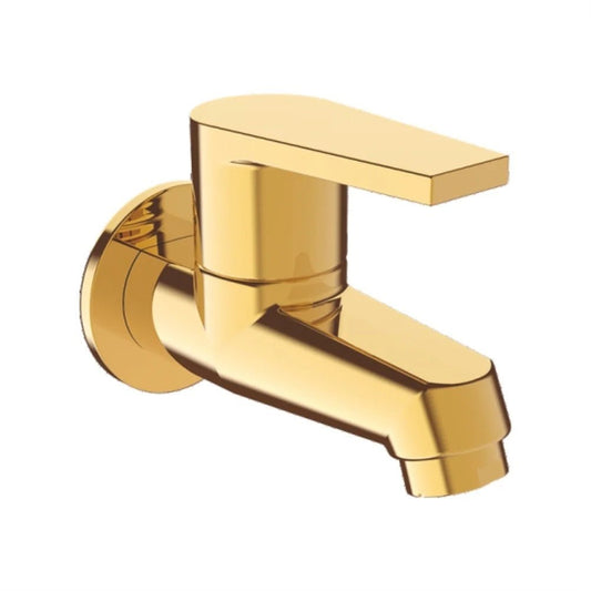Brass Single Lever Bib Cock with Wall Flange | Wall-Mounted Faucet in Gold Finish with PVD Coating | Bathroom, Kitchen, Garden Tap | Entice Series