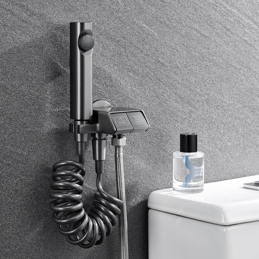 Piano 2 in 1 Angle Valve & Health Faucet Set | Brass Jet Spray with 1m SS Hose, & Hook in Gun Grey Finish & Electro Coating | Wall-Mounted Hand Spray