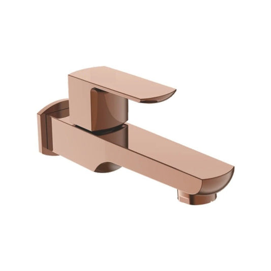 Zura Series Brass Long Body Bib Cock With Wall Flange | Wall-Mounted Heavy Brass Faucet with Rose Gold Finish & PVD Coating