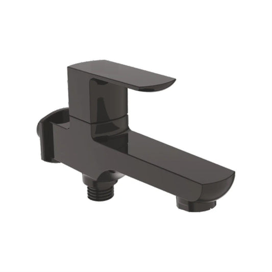 Zura Series Brass Two-Way Bib Cock With Wall Flange | Wall-Mounted Heavy Brass Faucet with Matte Black Finish & PVD Coating