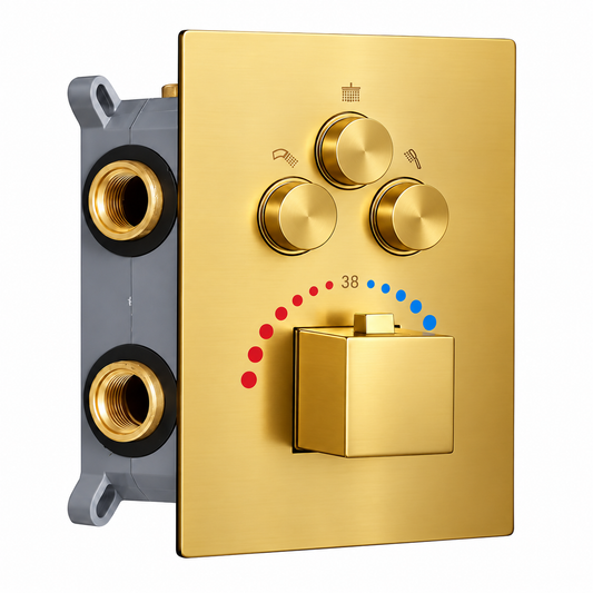 3-Way Thermostatic Diverter with Push Buttons | Brass Made | Temperature & Flow Control Valve with Gold Finish | For Showers, Bathtubs, Hand Showers