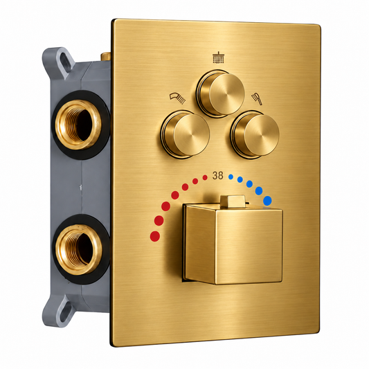 3-Way Thermostatic Diverter with Push Buttons | Brass Made | Temperature & Flow Control Valve with Brushed Gold Finish | For Showers, Bathtubs, Hand Showers