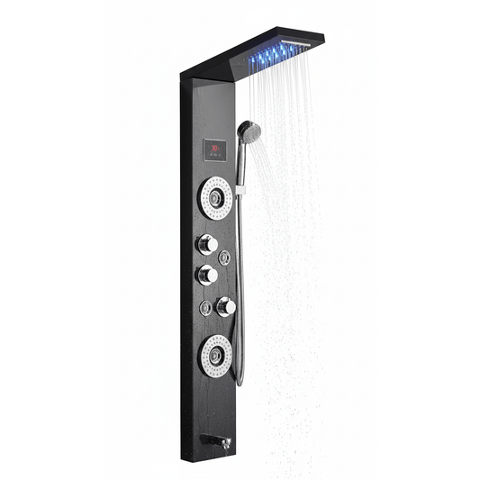 5-in-1 Wall-Mounted Black Shower Panel Set | Heavy-Duty SS304 Body with LED Overhead Shower, Hand Shower, Body Jet, Back Massage Spray, Spout, Hot & Cold Water Control, Temperature Display