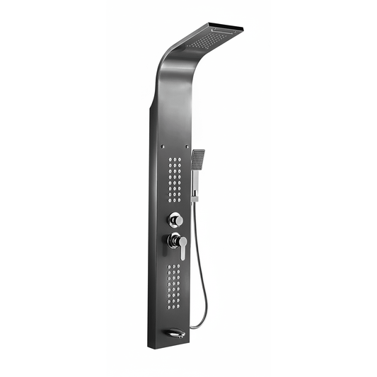 5-in-1 Wall-Mounted Black Shower Panel Set | Heavy-Duty SS304 Body with Overhead Shower, Hand Shower, Massage Spray, Spout, and Hot & Cold Water Control
