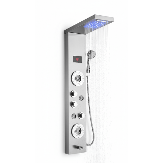 5-in-1 Wall-Mounted Grey Shower Panel Set | Heavy-Duty SS304 Body with LED Overhead Shower, Hand Shower, Body Jet, Back Massage Spray, Spout, Hot & Cold Water Control, Temperature Display