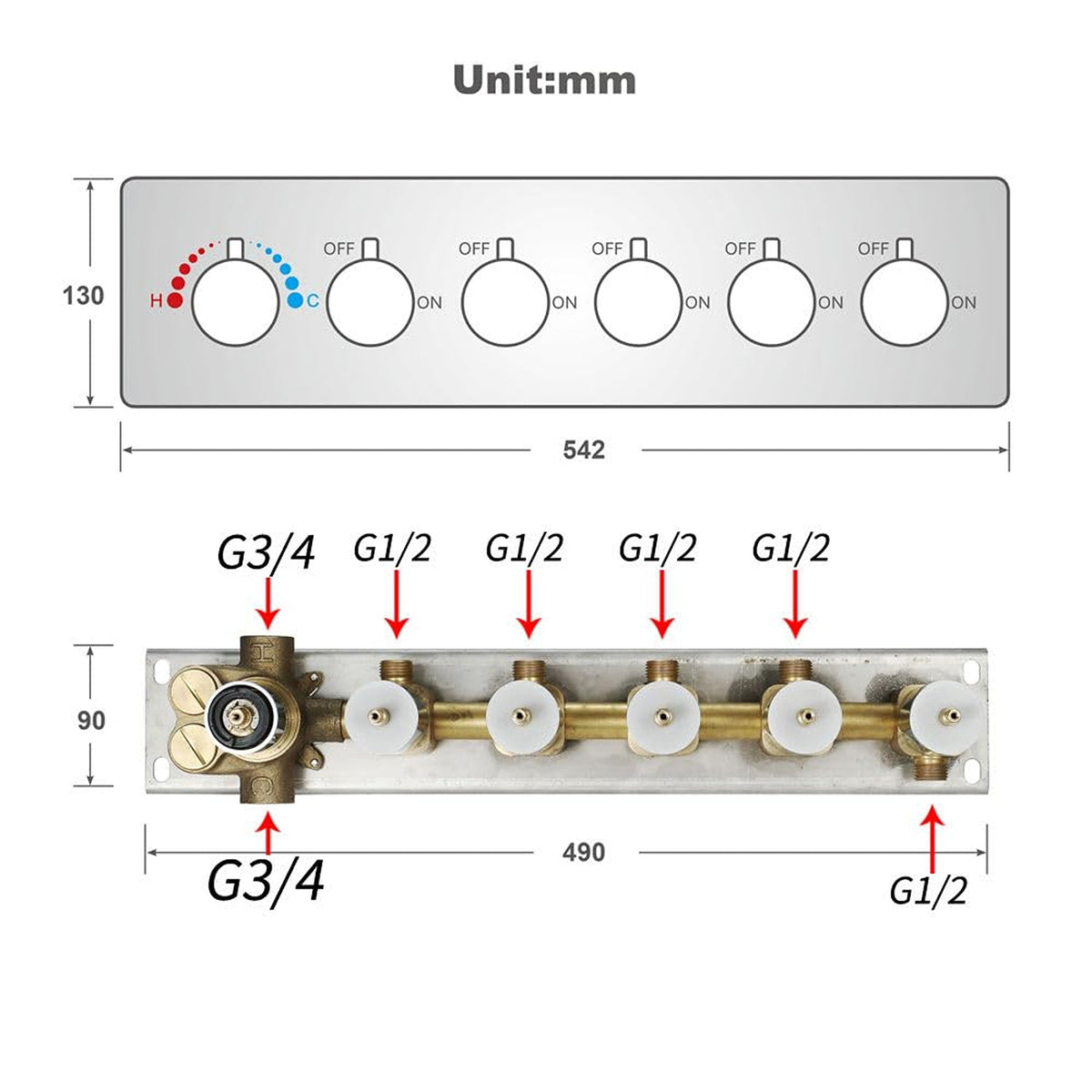5-Way Thermostatic Diverter Chrome Finish, Brass Made, Horizontal Wall-Mounted - For Showers, Bathtubs, Hand Showers & Spa Setups