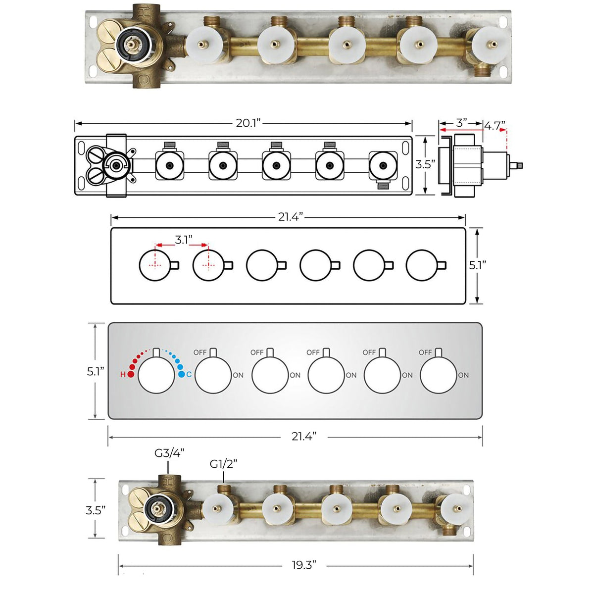 5-Way Thermostatic Diverter Chrome Finish, Brass Made, Horizontal Wall-Mounted - For Showers, Bathtubs, Hand Showers & Spa Setups