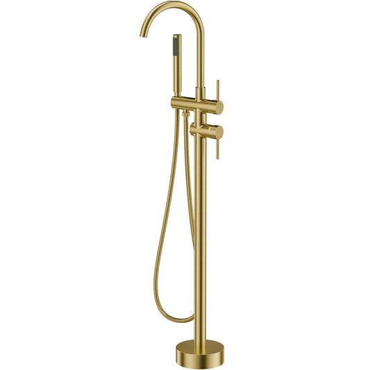 Freestanding Floor-Mounted Bath Tub Filler with Hand Shower - Electro-Coated, Gold Finish, Pure Brass Made, Hot & Cold Water Control