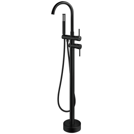 Freestanding Floor-Mounted Bath Tub Filler with Hand Shower - Powder Coated, Matte Black Finish, Pure Brass Made, Hot & Cold Water Control