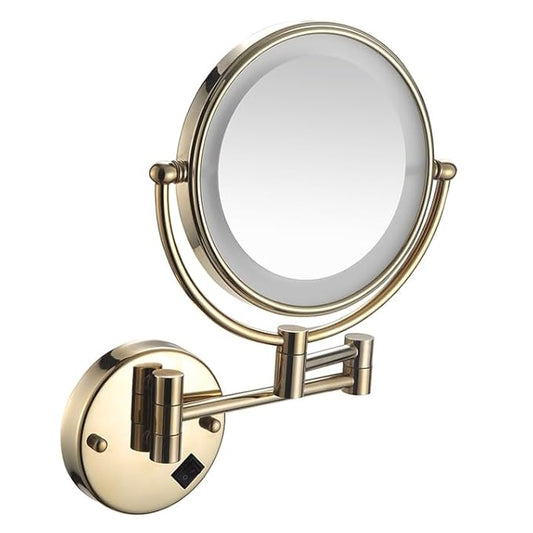 Double-Sided Shaving & Makeup Mirror With LED | Magnified & Normal View | Adjustable Sturdy Arm & Wall-Mounted Setting | Heavy-Duty Brass Body with Gold Finish & Round Shape