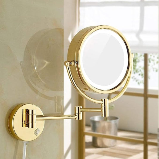 Double-Sided Shaving & Makeup Mirror With LED | Magnified & Normal View | Adjustable Sturdy Arm & Wall-Mounted Setting | Heavy-Duty Brass Body with Gold Finish & Round Shape