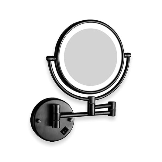 Double-Sided Shaving & Makeup Mirror With LED | Magnified & Normal View | Adjustable Sturdy Arm & Wall-Mounted Setting | Heavy-Duty Brass Body with Matte Black Finish & Round Shape