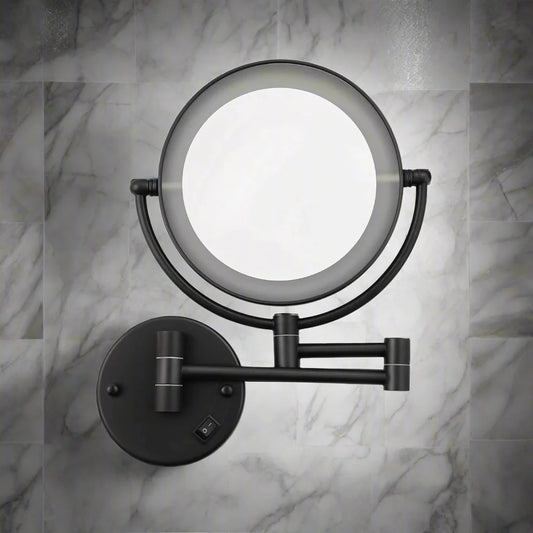 Double-Sided Shaving & Makeup Mirror With LED | Magnified & Normal View | Adjustable Sturdy Arm & Wall-Mounted Setting | Heavy-Duty Brass Body with Matte Black Finish & Round Shape