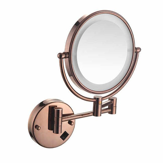 Double-Sided Shaving & Makeup Mirror With LED | Magnified & Normal View | Adjustable Sturdy Arm & Wall-Mounted Setting | Heavy-Duty Brass Body with Rose Gold Finish & Round Shape