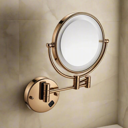 Double-Sided Shaving & Makeup Mirror With LED | Magnified & Normal View | Adjustable Sturdy Arm & Wall-Mounted Setting | Heavy-Duty Brass Body with Rose Gold Finish & Round Shape
