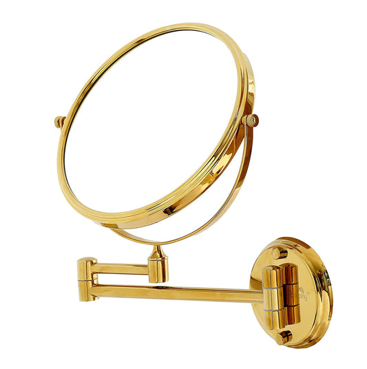 Double-Sided Shaving & Makeup Mirror | Magnified & Normal View | Adjustable Sturdy Arm & Wall-Mounted Setting | Heavy-Duty Brass Body with Gold Finish & Round Shape