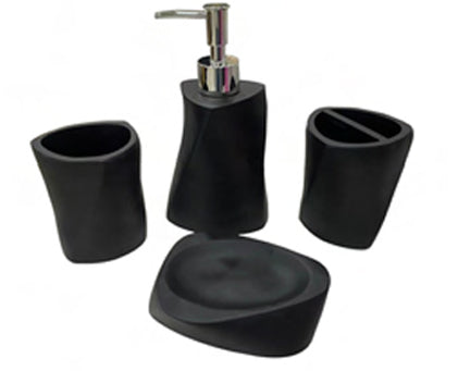 4-Piece Black Poly Resin Bathroom Accessories Set - Soap Dispenser, Toothbrush Holder, Tumbler & Soap Dish