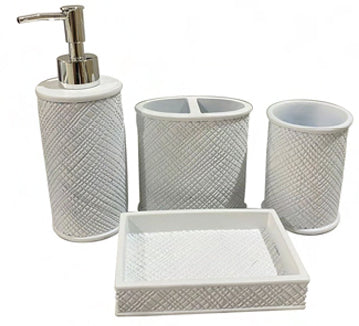 4-Piece White Poly Resin Bathroom Accessories Set - Soap Dispenser, Toothbrush Holder, Tumbler & Soap Dish