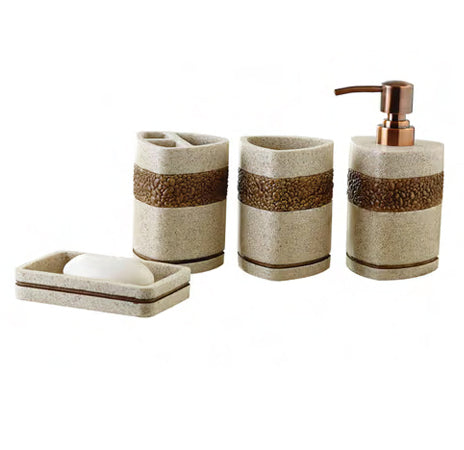4-Piece Beige Poly Resin Bathroom Accessories Set - Soap Dispenser, Toothbrush Holder, Tumbler & Soap Dish