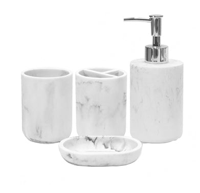 4-Piece Round Marble White Bathroom Set - Soap Dispenser, Toothbrush Holder, Tumbler & Soap Dish