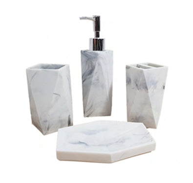 4-Piece Hexagon Marble White Bathroom Set - Soap Dispenser, Toothbrush Holder, Tumbler & Soap Dish