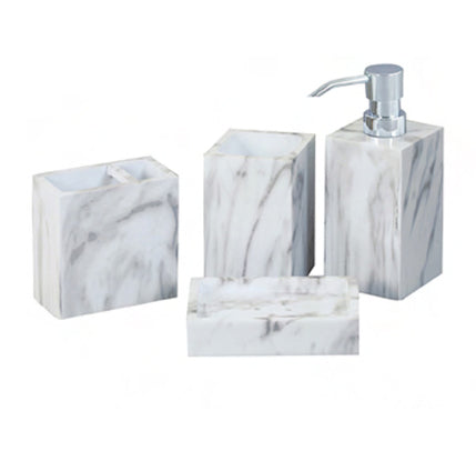 4-Piece Textured Marble White Bathroom Accessories Set - Soap Dispenser, Toothbrush Holder, Tumbler & Soap Dish