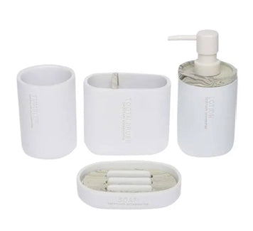 4-Piece Natural White Poly Resin Bathroom Accessories Set - Soap Dispenser, Toothbrush Holder, Tumbler & Soap Dish