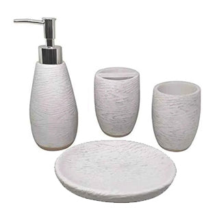 4-Piece White Wood Finish Bathroom Set - Soap Dispenser, Toothbrush Holder, Tumbler & Soap Dish