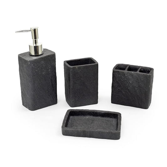 4-Piece Ash Black Bathroom Accessories Set - Soap Dispenser, Toothbrush Holder, Tumbler & Soap Dish