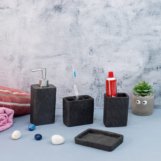 4-Piece Ash Black Bathroom Accessories Set - Soap Dispenser, Toothbrush Holder, Tumbler & Soap Dish