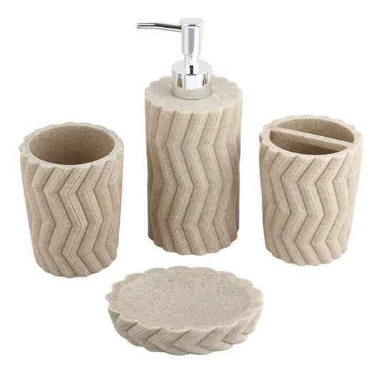 4-Piece Wave Beige Poly Resin Bathroom Accessories Set - Soap Dispenser, Toothbrush Holder, Tumbler & Soap Dish