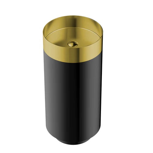 Round Black & Gold SS304 Freestanding Wash Basin Floor-Mounted Designer Sink 380x380x830 mm - Luxury Bathroom Basin for Home & Commercial Spaces