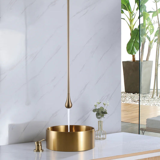 Ceiling Mounted Basin Mixer Tap in Brushed Gold Finish | Heavy-Duty Brass Made | Hot & Cold Water Tap | Drop Series