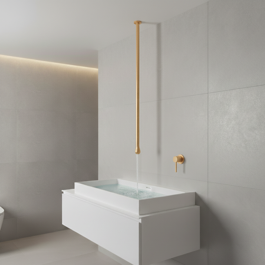 Hot & Cold Basin Mixer Tap in Brushed Gold Finish with Electro Coating | Ceiling-Mounted Faucet Made of Brass | From Drop Series