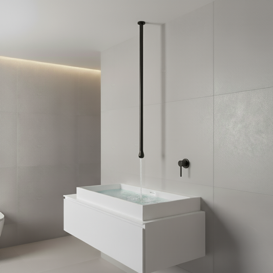 Hot & Cold Basin Mixer Tap in Matte Black Finish with Powder Coating | Ceiling-Mounted Faucet Made of Brass | From Drop Series