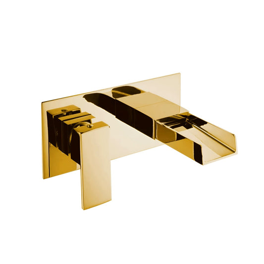 Wall Mounted Waterfall Basin Mixer Tap in Gold Finish | Heavy-Duty Brass Made | Hot & Cold Water Tap | Waterfall Style