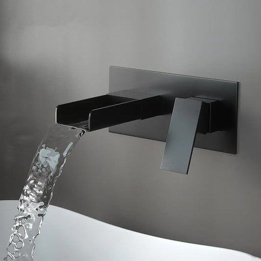 Wall Mounted Waterfall Basin Mixer Tap in Matte Black Finish | Heavy-Duty Brass Made | Hot & Cold Water Tap | Waterfall Style