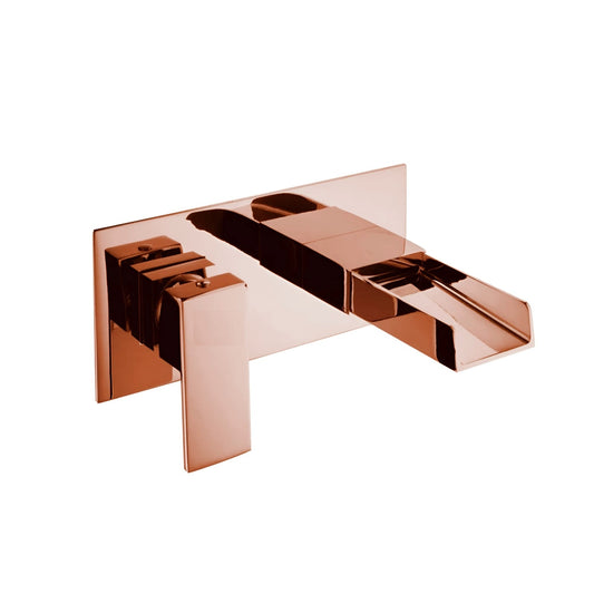 Wall Mounted Waterfall Basin Mixer Tap in Rose Gold Finish | Heavy-Duty Brass Made | Hot & Cold Water Tap | Waterfall Style