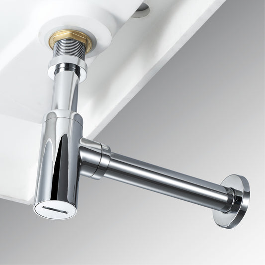 Heavy-Duty Brass Bottle Trap with 300mm Pipe & Wall Flange | Chrome Finish Wall-Mounted Drain Trap for Bathrooms & Kitchens