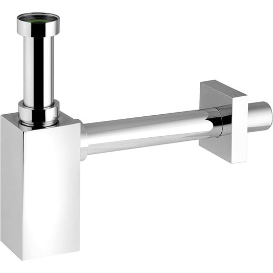 Square Style Bottle Trap with 300mm Pipe & Wall Flange | Heavy-Duty Brass Wall-Mounted Drain Trap for Modern Bathrooms & Kitchens | Chrome Finish