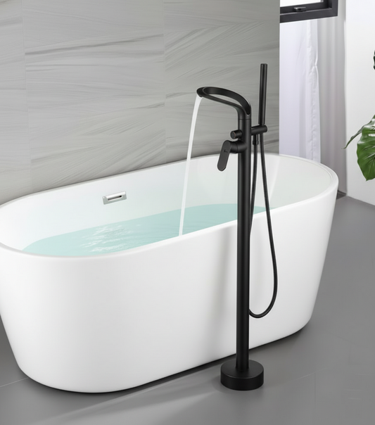 Bathtub Faucet - Floor-Mounted | Made of Brass | Powder Coated | Matte Black Finish | Hot & Cold Water Control