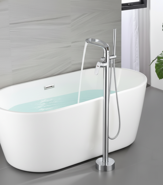 Bathtub Faucet - Floor-Mounted | Made of Brass | Electro Coated | Chrome Finish | Hot & Cold Water Control