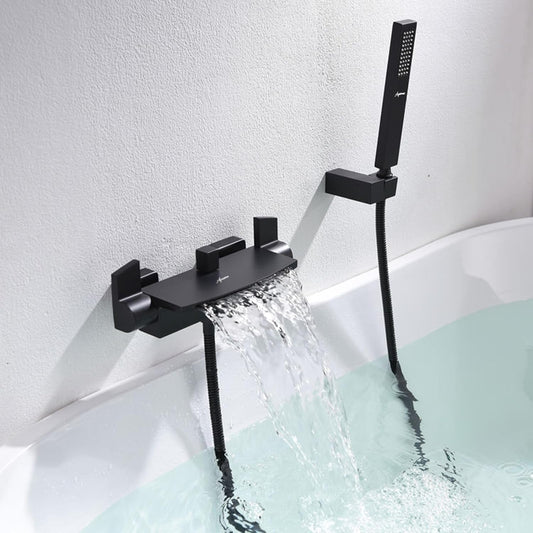 Bathtub Faucet - Wall-Mounted | Made of Brass | Powder Coated | Black Finish | Hot & Cold Water Control - Waterfall Style