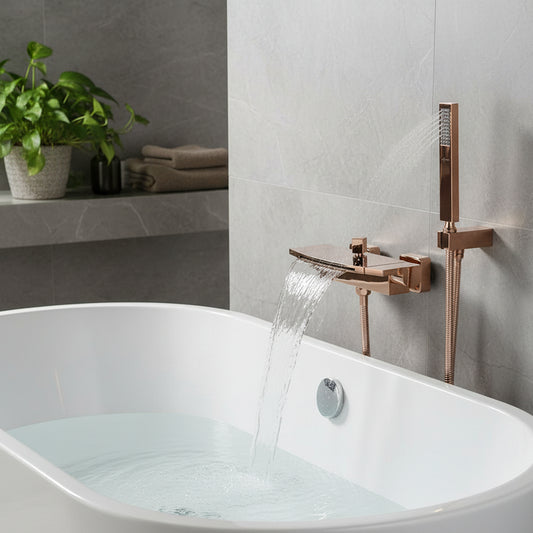 Bathtub Faucet - Wall-Mounted | Made of Brass | Electro Coated | Rose Gold Finish | Hot & Cold Water Control - Waterfall Style