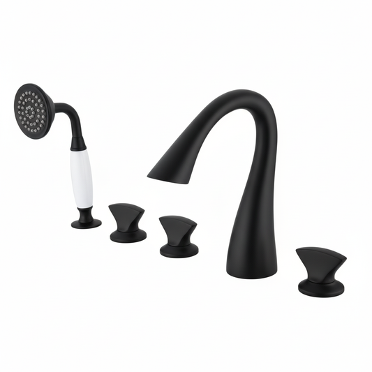 5-Hole Bathtub Faucet - Deck-Mounted | Made of Brass | Electro Coated | Black Finish | Hot & Cold Water Control