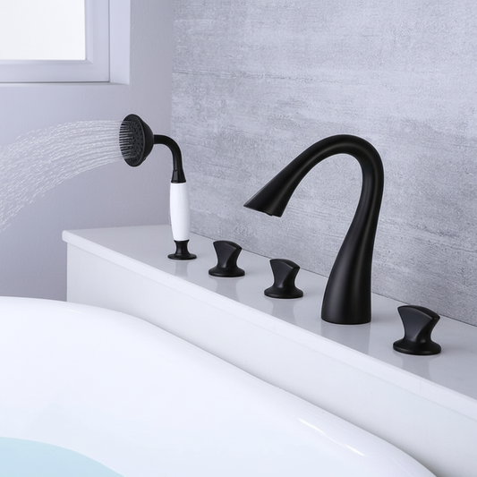 5-Hole Bathtub Faucet - Deck-Mounted | Made of Brass | Electro Coated | Black Finish | Hot & Cold Water Control