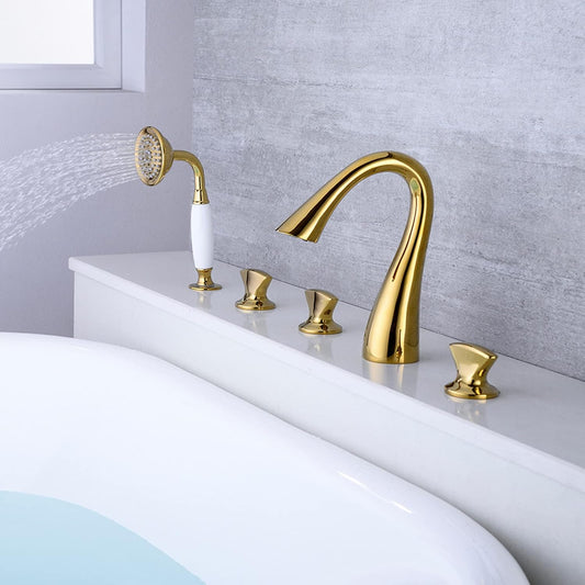 5-Hole Bathtub Faucet - Deck-Mounted | Made of Brass | Electro Coated | Gold Finish | Hot & Cold Water Control