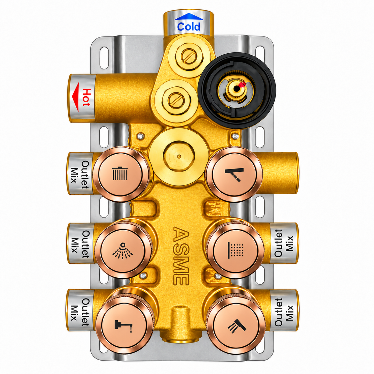 6-Way Thermostatic Diverter Brushed Rose Gold Finish, Brass Made, Wall-Mounted - For Bathroom & Spa Water Flow & Temperature Control