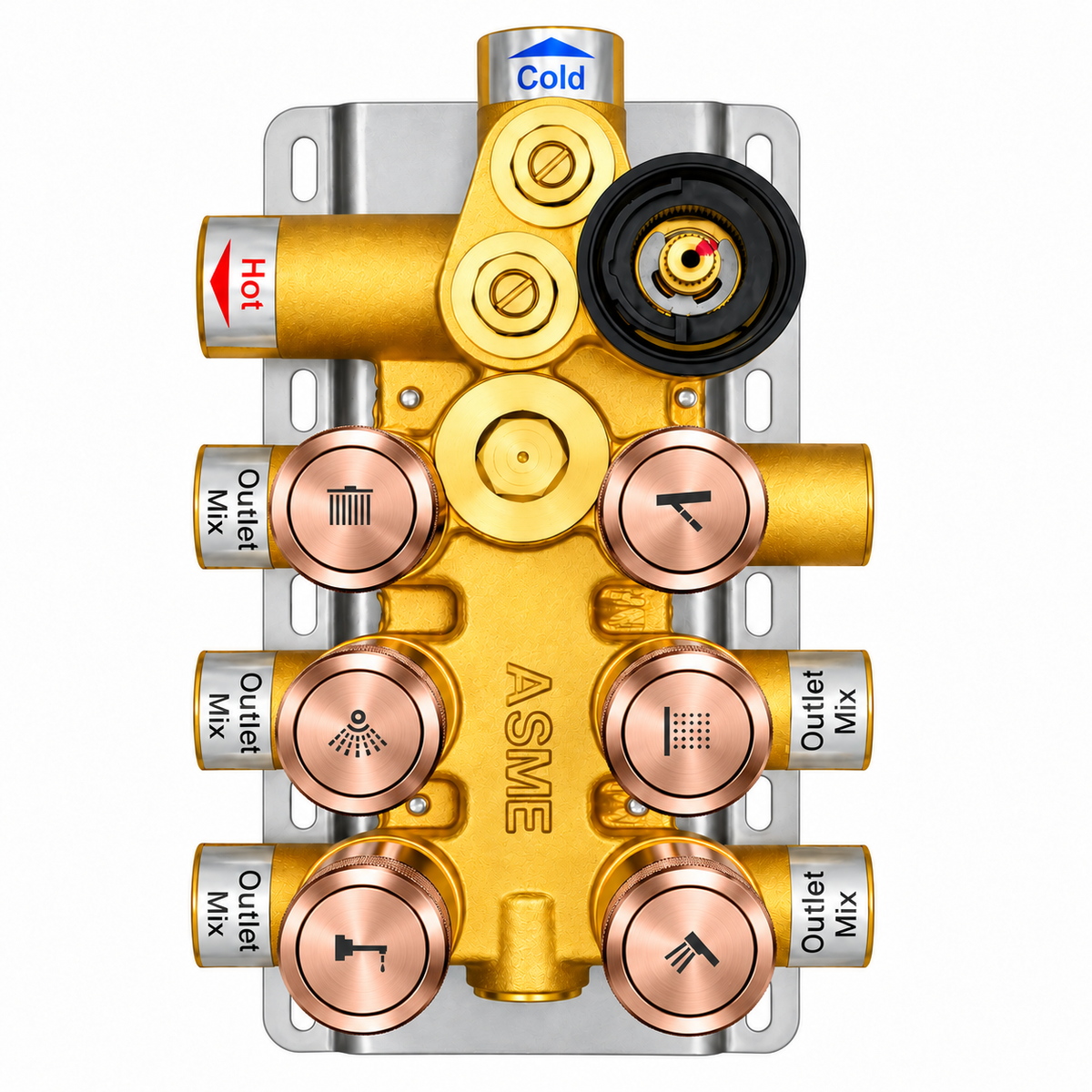 6-Way Thermostatic Diverter Brushed Gold Finish, Brass Made, Wall-Mounted - For Bathroom & Spa Water Flow & Temperature Control