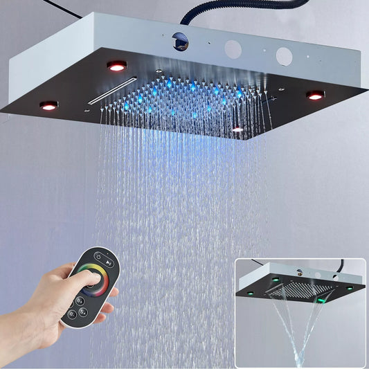 24x16" LED Ceiling Shower in Matte Black Finish - SS304 Concealed Showerhead with Remote & 3 Spray Modes (Rain, Mist, Waterfall)